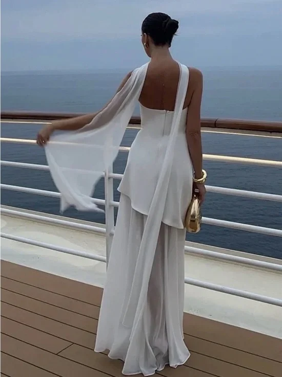 NEVER WORN - Elegant White Strapless Chiffon Asymmetrical Maxi Dress - Picture 2 of 6